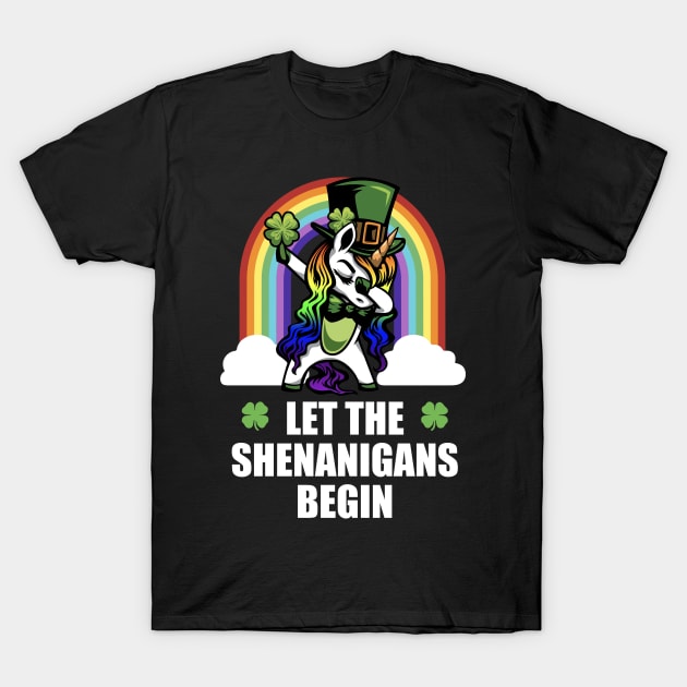 Dabbing Unicorn Shenanigans Funny St Patricks Day T-Shirt by TheBeardComic